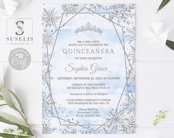 EDITABLE Winter Wonderland Quinceanera Invitation Template, Blue Silver, Sweet 16, Quince, 15th Birthday, Printable, Instant Download, SU030