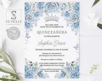 EDITABLE Quinceanera Invitation Template, Baby Blue Flowers, Sweet 16, 15th Birthday, Paperless Post, Printable, Instant Download, QU181