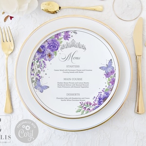 EDITABLE Round Menu, Purple Silver Floral, Circle Menu, Quinceañera, Sweet 16, 16th Birthday, Corjl Template, Instant Download, QU070