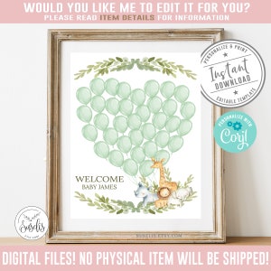 EDITABLE Baby Shower Guest sign, Corjl Template, Jungle Safari Animals, Green Balloons Theme, Guestbook, Instant Download, Digital, BS252