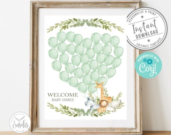 EDITABLE Baby Shower Guest sign, Corjl Template, Jungle Safari Animals, Green Balloons Theme, Guestbook, Instant Download, Digital, BS252