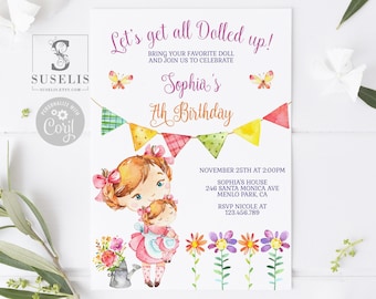 May include: A birthday invitation card featuring watercolor illustrations of a girl holding a doll, colorful bunting, butterflies, and flowers. Text includes Let's get all Dolled up!, Sophia's 7th Birthday, date, time, location, and RSVP details.