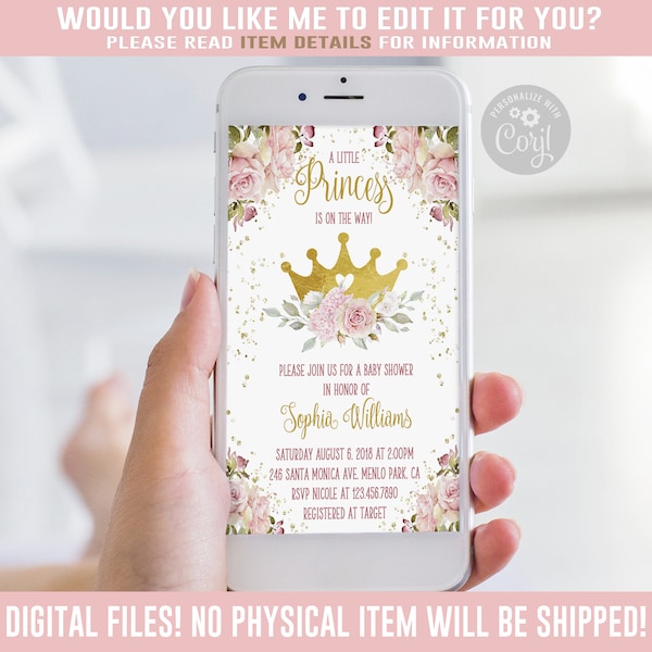 EDITABLE Evite, Princess Baby Shower Invitation, Blush Pink, Corjl Template, Instant download, iPhone, SMS, Smartphone, Electronic, BS237