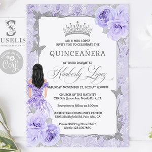 EDITABLE Quinceanera Invitation Template, Lavender Flowers Butterfly, Mis Quince, Sweet16, 15th Birthday, Printable, Instant Download QU189