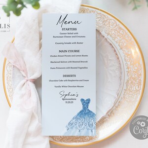 EDITABLE Menu Template, Baby Blue Flowers, Quinceanera, Sweet 16, Reception Menu, Quince, 15th Birthday, Printable, Instant Download, QU007C