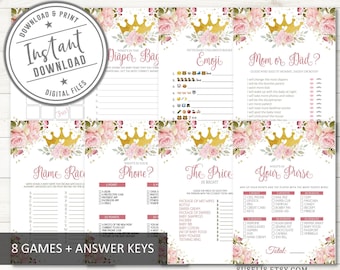 Princess Baby Shower Games, Set of 8 Game pack, Baby Girl, Game Bundle, Blush Pink Flowers, Activity, Instant download, DIGITAL, BS237