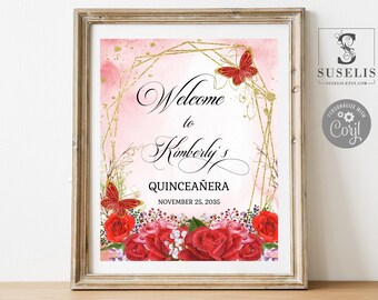 EDITABLE Quinceanera Welcome Sign Template, Red Flowers, Butterflies, Table Sign, Sweet 16, 15th Birthday, Printable Instant Download QU069D