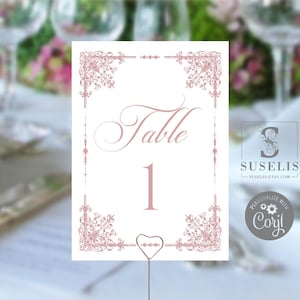 EDITABLE Template Table Numbers, Rose Gold Ornaments, White, Quinceanera, Wedding Party Table sign, Printable Instant Download, QU202