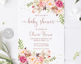 May include: A white baby shower invitation card featuring watercolor floral arrangements in shades of pink and green at the top and bottom. The text reads: JOIN US FOR A baby shower IN HONOR OF Olivia Brown 246 SANTA MONICA AVE MENLO PARK, CA RSVP TO NICOLE AT 123.456.7890 REGISTERED AT TARGET.