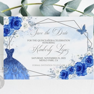 Editable Save the Date Template, Royal Blue Flowers, Quinceañera, Sweet 16, Mis Quince, 15th Birthday, Printable, Instant Download, QU054C