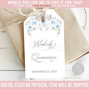 Editable Quinceanera Favor Tag, Silver Blue, Gift tag, Mis Quince Anos, 15th Birthday, Butterfly, Corjl Template, Instant Download, QU091