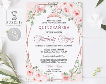 EDITABLE Rose Gold Blush Quinceanera Invitation & Back Template, Blush Flowers, Mis Quince, 15th Birthday, Printable Instant Download, QU186