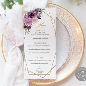 EDITABLE Menu Template, Purple Flowers Gold, Quinceanera, Sweet 16, Reception Menu, Quince 15th Birthday, Printable, Instant Download, QU026