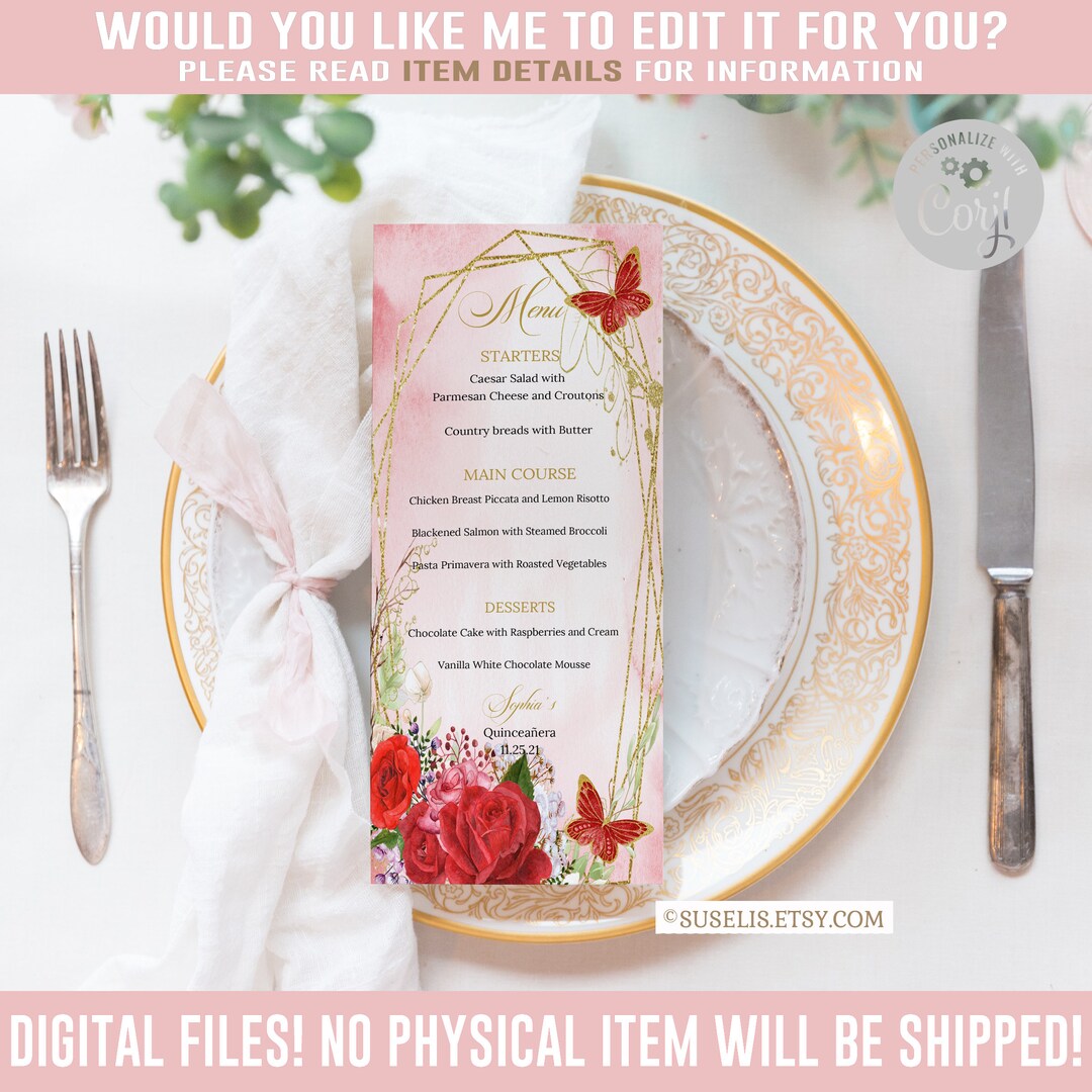 EDITABLE Menu Quinceanera Sweet 16 Red Flowers Gold - Etsy