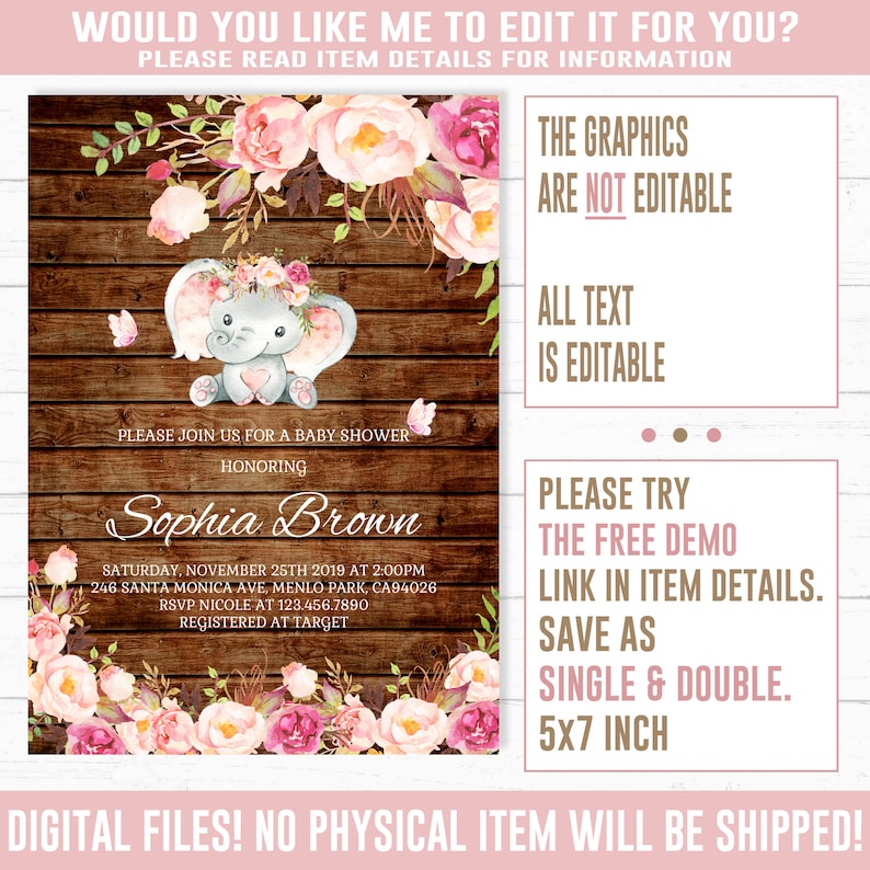 Corjl Template Girl Printable Pink Flowers Design BS164 Watercolor Elephant Butterfly Instant download EDITABLE Baby Shower Invitation