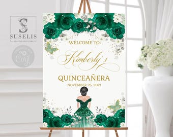 EDITABLE Quinceañera Welcome Sign, Template, Emerald Green Flowers, Sweet 16, Signage, Mis Quince, Sweet Sixteen, Instant Download QU084