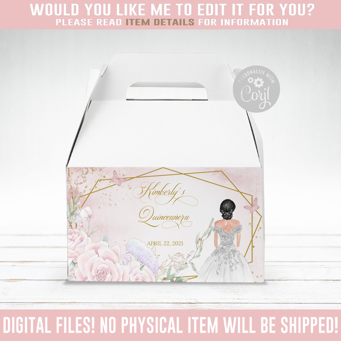 EDITABLE Quinceañera Gable Box Label Corjl Template Favor Etsy