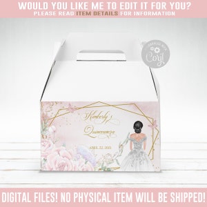 EDITABLE Quinceañera Gable Box Label, Favor Gift Labels, Blush Pink Gold, Mis Quince, 15th Birthday, Corjl Template Instant Printable QU069F
