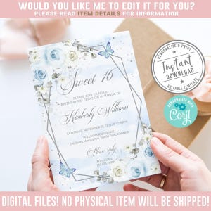 EDITABLE Sweet 16 Invitation, Silver Blush Blue Flowers, Butterfly, Sweet Sixteen, 16th Birthday, Corjl Template, Instant Download, SW16019