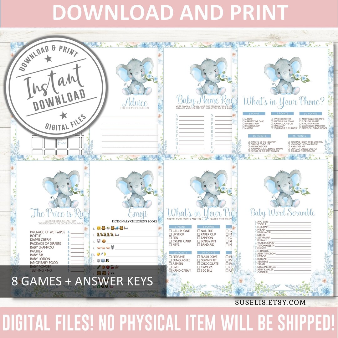 Printable Set of 8 Baby Boy Elephant Games, Baby Shower, Game Bundle ...