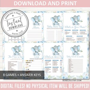 Printable Set of 8 Baby Boy Elephant Games, Baby Shower, Game Bundle ...