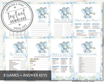 Printable Baby Shower Game Bundle 8 Games Baby Elephant | Etsy
