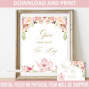 Stampabile Indovina quante bustine di tè Cartello e biglietto, Tea Party, Blush Pink Boho Floral, Love Brewing, Download immediato, Stampabile, Digitale, WS084