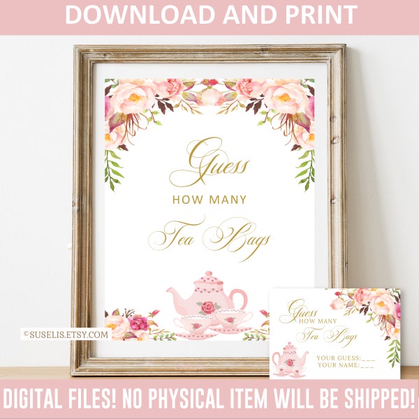 Printable Guess how many Tea bags Sign & Card, Tea Party, Blush Pink Boho Floral, Love Brewing, Instant Download, Printable, Digital, WS084