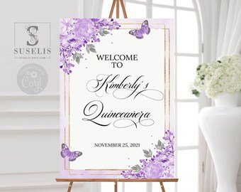EDITABLE Quinceañera Welcome Sign Template, Purple Flowers, Sweet 16, Poster, Signage, Mis Quince, Sweet Sixteen, Instant Download, QU058