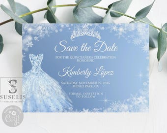 Editable Winter Wonderland Save the Date Card Template, Blue Silver, Quinceañera, Sweet 16, Mis Quince, Printable, Instant Download, QU161