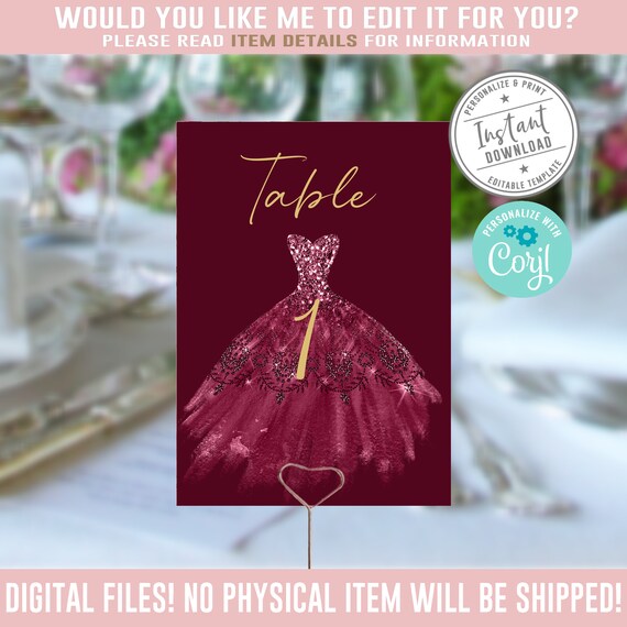 EDITABLE Table Numbers Quinceanera Corjl Template Burgundy Etsy