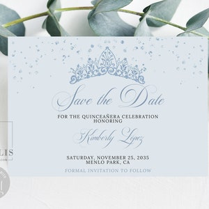 Editable Baby Blue Save the Date Card Template, Glitter, Quinceañera, Sweet 16, Mis Quince, 15th Birthday, Printable Instant Download, QU126