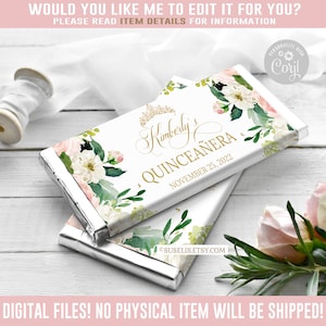 EDITABLE Quinceañera Chocolate Wrapper, Blush Candy Bar, Mis Quince, 15th Birthday, Party Favors,  Corjl Template, Instant Download, QU004