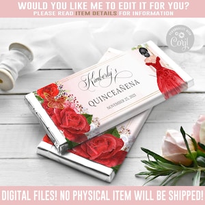 EDITABLE Quinceañera Chocolate Wrapper, Red Candy Bar, Mis Quince, 15th Birthday, Party Favors, Corjl Template, Instant Download, QU069D
