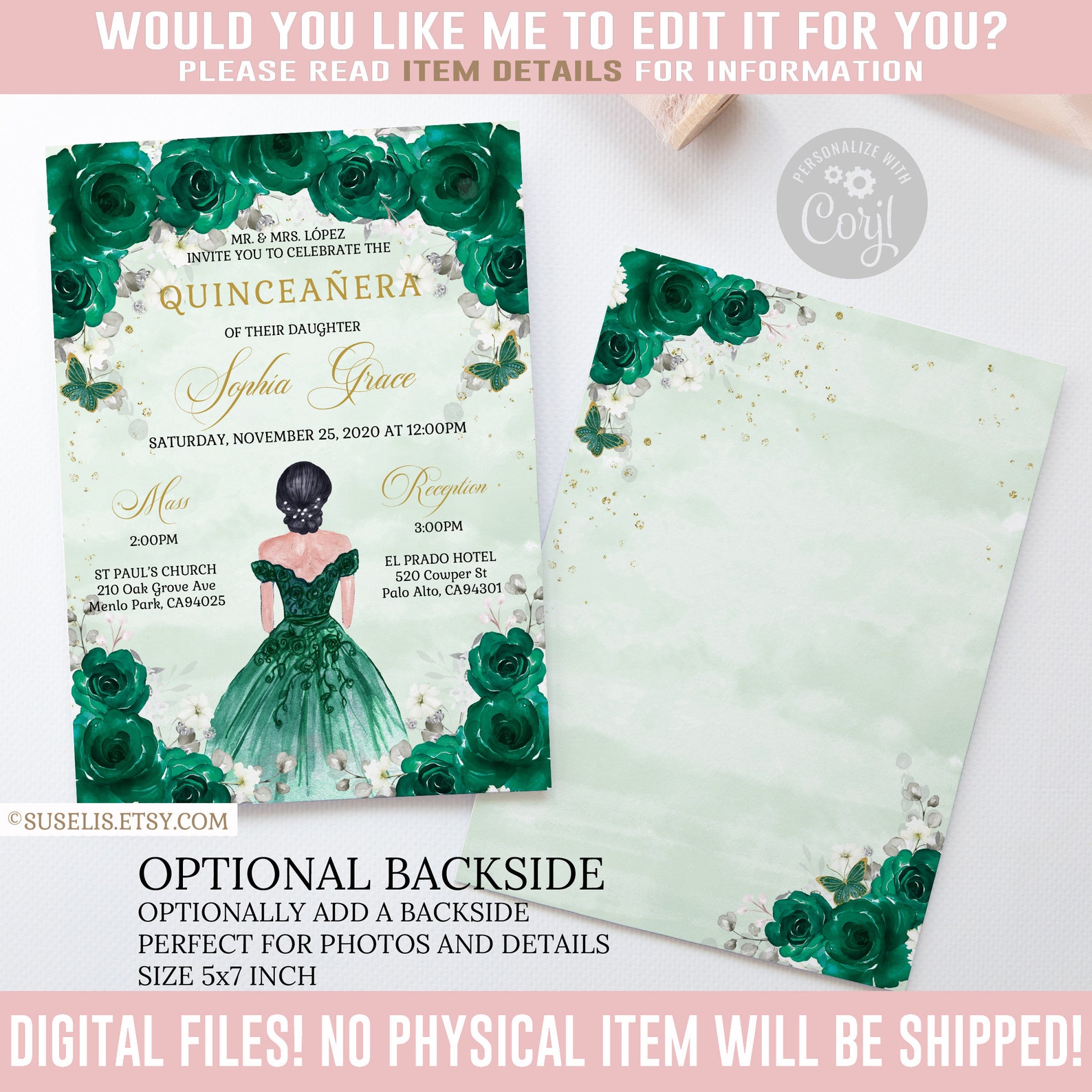 Invitations Back Side EDITABLE Quinceanera Invitation Back Corjl Template - Etsy