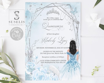 EDITABLE Quinceanera Invitation Template, Baby Blue Flowers, Sweet 16, Mis Quince, 15th Birthday, Printable, Instant Download, QU174