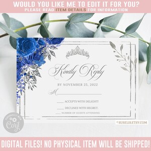Editable RSVP Card, Kindly Reply, Royal Blue Flowers, Butterfly, Mis Quince Anos, 15th Birthday, Corjl Template, Instant Download, QU121B