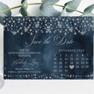 Editable Under the stars, Save the Date Card Template, Calendar, Save the Day, Mis Quince 15th, Sweet 16, Wedding, Instant Download, QU103