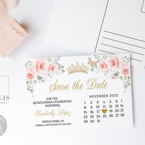 Editable Save the Date Postcard Template, Calendar, Blush Pink Flowers, Quinceañera, Sweet 16, Mis Quince, Printable Instant Download, QU177