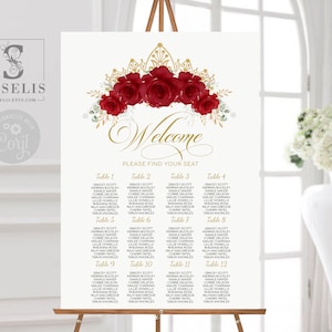 EDITABLE Seating Plan Sign, Template, Ruby Red Flowers, Table Plan, Seating Chart, Quinceanera, Sweet 16, Instant download, Printable QU091