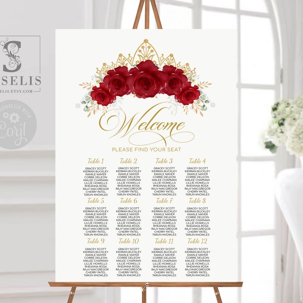 EDITABLE Seating Plan Sign, Template, Ruby Red Flowers, Table Plan, Seating Chart, Quinceanera, Sweet 16, Instant download, Printable QU091