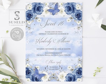 May include: A rectangular Sweet 16 birthday invitation card featuring a watercolor blue and white floral border with two blue butterflies. The text reads: Sweet 16, Please join us for a birthday celebration in honor of Kimberly Williams, Saturday, November 25, 2035 at 12:00PM, Williams Residence, 246 Santa Monica Ave, Menlo Park, CA94026, Please reply to Nicole 123.456.7890.