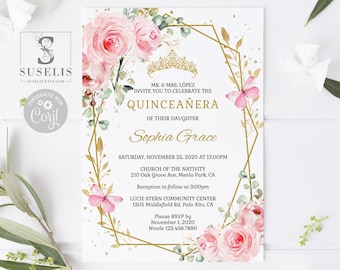 EDITABLE Quinceanera Invitation Template, Blush Pink Flowers, Mis Quince, Sweet 16, Sweet Sixteen, Printable, Instant Download, QU046