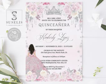 EDITABLE Quinceanera Invitation & Back Template, Blush Pink Flowers, 15th Birthday, Sweet 16, Paperless, Printable, Instant Download, QU183