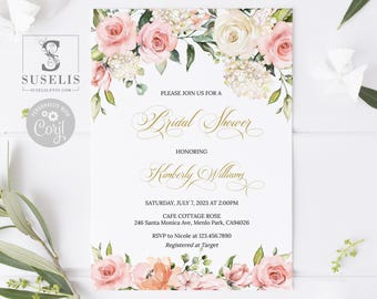 May include: A rectangular bridal shower invitation card featuring watercolor pink and cream roses with green foliage at the top and bottom. The text reads: PLEASE JOIN US FOR A Bridal Shower HONORING Kimberly Williams SATURDAY, JULY 7, 2023 AT 2:00PM CAFE COTTAGE ROSE 246 Santa Monica Ave, Menlo Park, CA94026 RSVP to Nicole at 123.456.7890 Registered at Target.