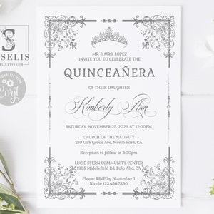 EDITABLE Quinceanera Invitation + Back Template, Silver Ornaments, Swirls, Sweet 16, 15th Birthday, Printable, Instant Download, QU202