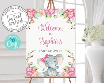 Puede incluir: Un letrero de bienvenida vertical para baby shower con una ilustración en acuarela de un elefante gris con un lazo rosa de lunares, rodeado de flores rosas y melocotón, con el texto Welcome to Sophia's Baby Shower.