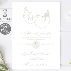EDITABLE Monogram Wedding Invitation Template, Beige Heart Initials Couple, Wedding Invite, Printable, Instant Download, WS115