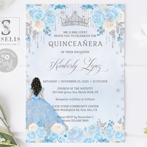 EDITABLE Quinceanera Invitation & Back Template, Dusty Blue Flowers, Mis Quince, 15th Birthday, Sweet 16, Printable, Instant Download, QU183