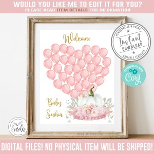 EDITABLE Little Pumpkin Baby Shower Guest sign, Corjl Template, Blush Pink Flowers Pumpkin Theme, Guestbook, Instant Download Digital, BS103